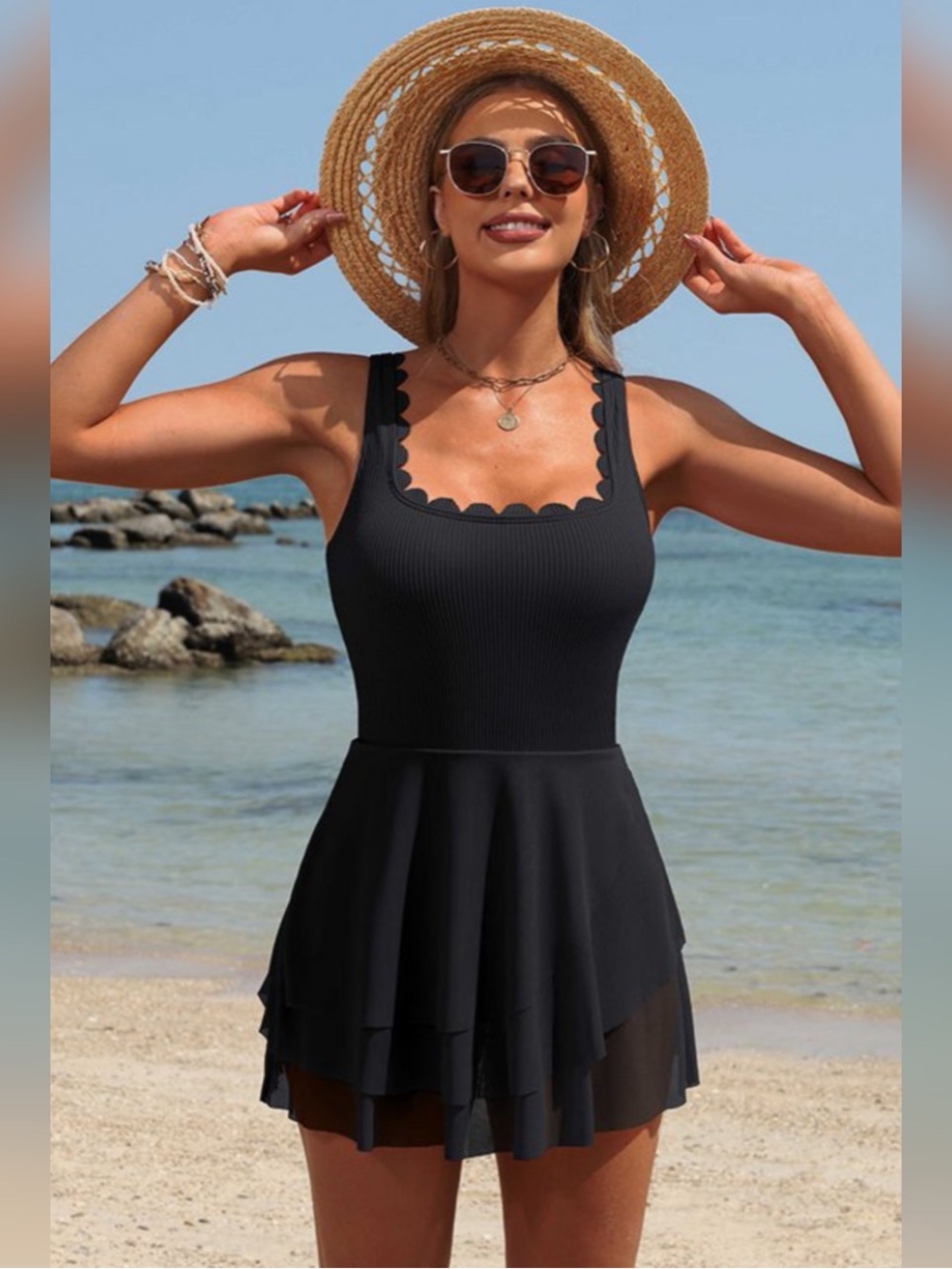 Charmo Black Scalloped Ribbed Tiered Swim Dress
